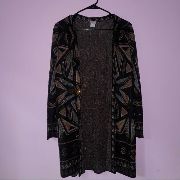 Chico's Cardigan M Open Front Longline Metallic Boho - Picture 1 of 9